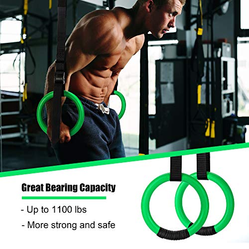 PACEARTH Gymnastic Rings 1100lbs Capacity with 14.76ft Adjustable Buckle Straps Pull Up Exercise Rings Non-Slip Rings for Home Gym Full Body Workout - color: Green
