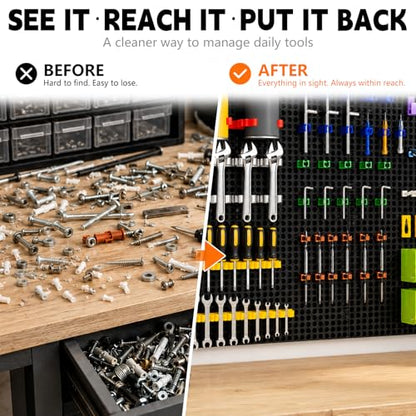 Plastic Pegboard Wall Organizer Kit, 6 Black Panels 36" x 16", 200 Accessories with Hooks, Clips & Holders, Modular Tool Storage Board for Garage, Workbench, Craft Room, Home Repair