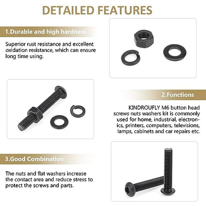 87 Pieces Black M6 x 30/35 /40/45 /50 mm Button Head Socket Cap Screws Nuts Washers Assortment Kit, 10.9 Grade Alloy Steel - size: M6 x 30/35/40/45/50mm, style: Button Head