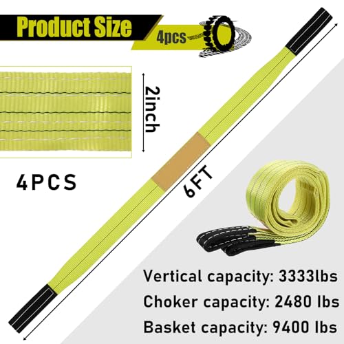 4 Pcs Lifting Sling Straps, 6 Ft x 2 Inch Heavy Duty Lift Sling Straps Nylon Tree Saver Recovery Strap Web Nylon Flat Towing Web Slings Winch Strap with Wear Guard End for Trailer Hoist Truck