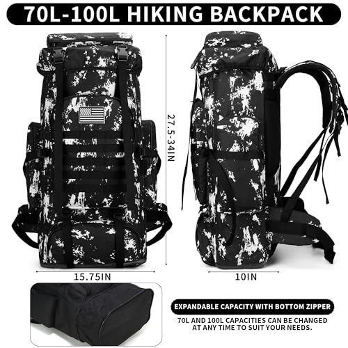 Hiking Backpack for Men 70L/100L Camping Backpack Military Rucksack Molle 3 Days Assault Pack for Climbing | Camping Backpack - color: 100l-blackwhite-lighting