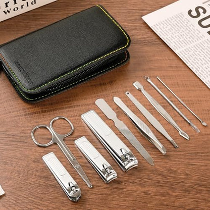 10 PCS Premium Stainless Steel Nail Clippers Set, Professional Manicure Pedicure Kit with Zipper Portable PU Leather Case, Travel Grooming Kit, Ideal Gift for Men and Women(C-Black) - color: C-black