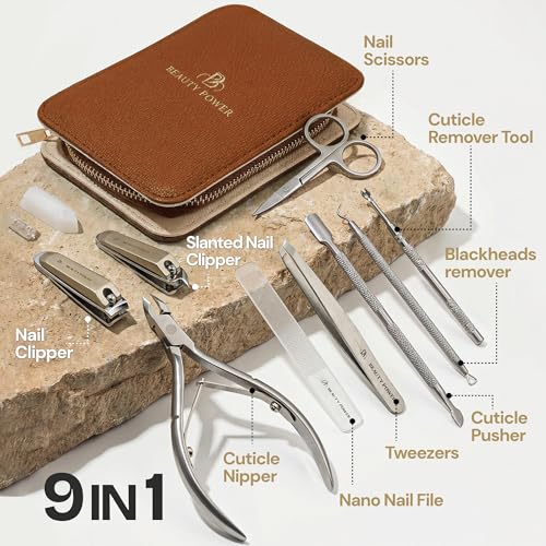 Beauty Power 9 in 1 Professional Manicure Pedicure Set - Stainless Steel Nail Clippers, Nano File, Cuticle Nipper, Scissors, Tweezers, Travel PU Leather Case for Men & Women - Father's Day - Brown - color: Brown