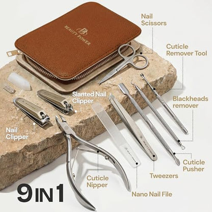 Beauty Power 9 in 1 Professional Manicure Pedicure Set - Stainless Steel Nail Clippers, Nano File, Cuticle Nipper, Scissors, Tweezers, Travel PU Leather Case for Men & Women - Father's Day - Brown - color: Brown