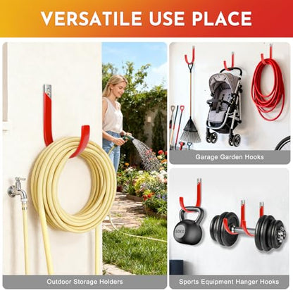 Metal Garage Hooks, Hose Holder Wall Mount for Outside, Heavy Duty Hose Hanger Hook for Water Hoses Outdoor Organizer Study Rack for Garden Hoses, 2 Pack-Red - size: Large
