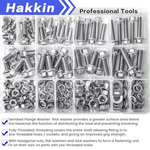 244PCS M6-1.0 M8-1.25 Flange Hex Head Bolts and Nuts Kit, M6 M8 Metric Flange Hexagon Screws Serrated Nuts Washers, 304 Stainless Steel M6 Bolt M8 x 1.25 Bolt Screw Set Hakkin - size: 244PCS M6 M8 Flanged Bolts Silver