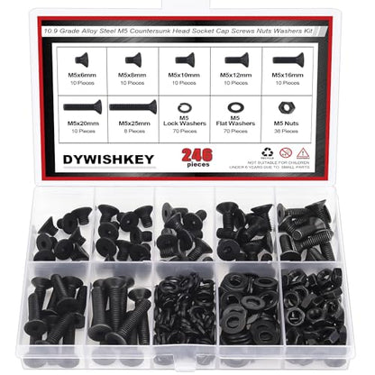 DYWISHKEY 246 Pieces M5 Black Screws, 10.9 Grade Alloy Steel M5x 6/8 /10/12 /16/20 /25mm Countersunk Head Socket Cap Screws Bolts Nuts Washers Assortment Kit - size: M5, style: Countersunk Head Socket Cap