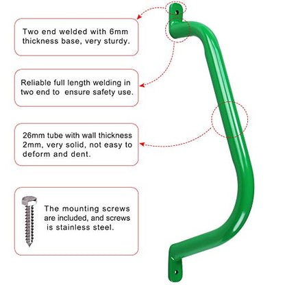 17'' Green Playground Handles Safety Grab Bar Indoor & Outdoor 2pcs | Heavy Duty Solid Metal, Non-Slip Glossy Powder Coated Weather Resistant, Comfy Secure Handle Bar, Playset SwingSet Jungle Gym