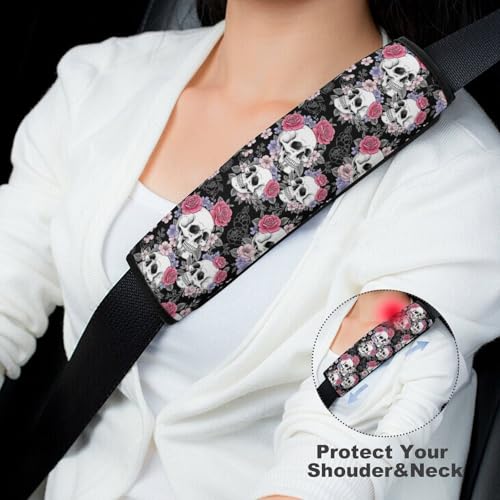 2 Piece Universal Soft and Comfortable Seat Belt Shoulder Pad for Kids, Most Cars, Gothic Skull Flowers Seat Belt Covers Cushion, Neck and Shoulder Support - color: Pattern 150
