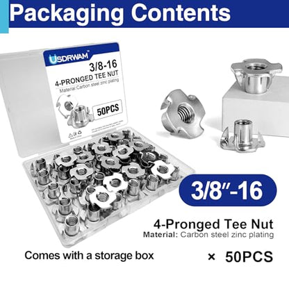 50PCS 3/8"-16 T Nuts for Wood, Zinc-Plated 4-Prong Tee Nuts | Carbon steel construction, Hammer-in installation design - style: 50 PCS 3/8"-16 Size