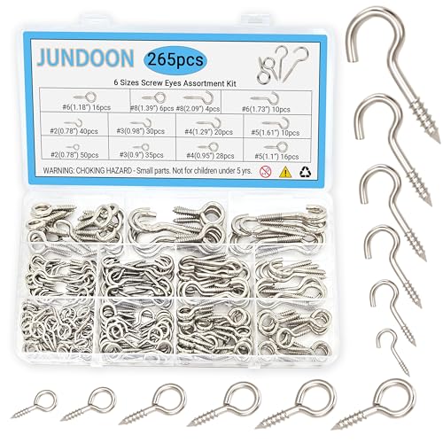 265-Piece Zinc-Plated Screw Eyes & Hooks Assortment Kit, 11 Sizes Self-Tapping Metal Eyelet Screws, 3/4"–2-1/16" for Hanging, Crafts & DIY
