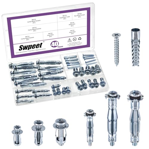 Swpeet 40Pcs 3 Styles M4 M5 M6 Petal Nuts and Molly Bolt Hollow Drive Wall Anchors with Expansion Tube Assortment Kit, Screws for Home Decoration and Installation License Plates