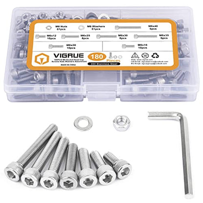 VIGRUE 180Pcs M6 Stainless Bolt Kit, M6x12/16/20/25/30/35/40mm Hex Socket Head Cap Screws Nuts Washers Assortment, Full UNC Thread - size: m6 socket stainless 12-40mm