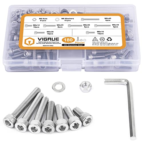 VIGRUE 180Pcs M6 Stainless Bolt Kit, M6x12/16/20/25/30/35/40mm Hex Socket Head Cap Screws Nuts Washers Assortment, Full UNC Thread - size: m6 socket stainless 12-40mm