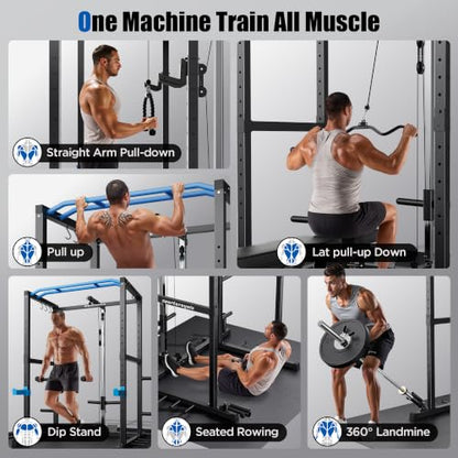 SPORTSROYALS Power Rack, Multi-Functional Power Cage, Squat Rack with Pulley System & LAT Pull Down, Workout Cage with J Hooks for Home Gym - color: Blue, style: Power Cage Only