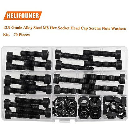 HELIFOUNER 70 Pieces M8 x 30mm /35mm /40mm /45mm /50mm, Hex Socket Head Cap Metric Screws Bolts Washers Nuts Kit, 12.9 Grade Alloy Steel, Fully Threaded, Black - size: M8 x 30/35/40/45/50mm, style: Socket Head