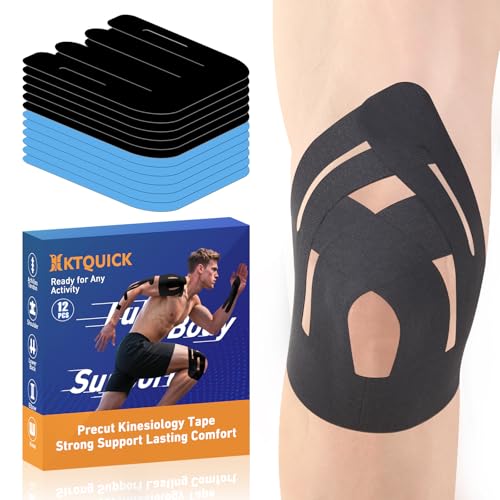 KTQUICK Precut Kinesiology Tape for Knees, 12PCS, 20% Stronger Black&Blue | Upgraded Designed Knee Tape with Premium Cotton, Breathable, Waterproof, Latex-Free Athletic Tape for Running, Gym & Hiking - color: Black&blue, size: 12PCS