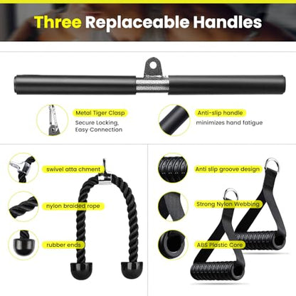 Pulley System for Home Gym, Wall Mount LAT Pull Down Machine Attachment with 3 Handles, for Back, Arm, and Chest Workout