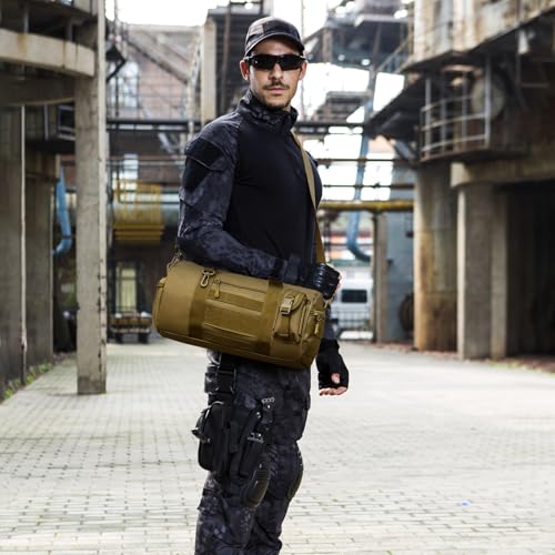 Huntvp Small Tactical Duffle Bag MOLLE Handbag Gear Military Travel Carry On Shoulder Bag Small Valise - color: Brown