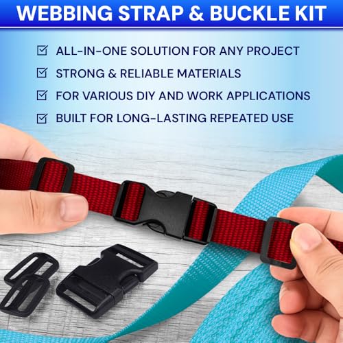 TECEUM 3/4" Nylon Strap Kit with Buckles, Red 6 yards Repair Set | Heavy duty hardware kit: 6yd webbing, 6 quick release buckles, 12 tri-glide slide clips, 6 metal D-rings for crafting. - color: Red, size: 3/4" - 6 yards, style: 6 Buckle - 12 Slides - 6 D