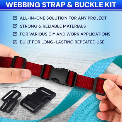 TECEUM 3/4" Nylon Strap Kit with Buckles, Red 6 yards Repair Set | Heavy duty hardware kit: 6yd webbing, 6 quick release buckles, 12 tri-glide slide clips, 6 metal D-rings for crafting. - color: Red, size: 3/4" - 6 yards, style: 6 Buckle - 12 Slides - 6 D