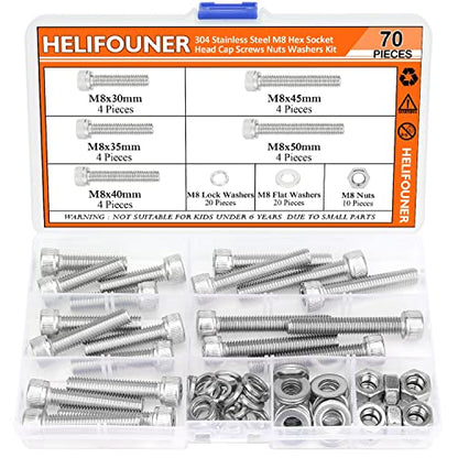 HELIFOUNER 70 Pieces M8 x 30mm /35mm /40mm /45mm /50mm, Hex Socket Head Cap Metric Screws Bolts Washers Nuts Kit, 304 Stainless Steel - size: M8 x 30/35/40/45/50mm