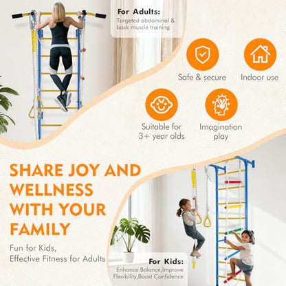 5in1 Climbing Toy Set, Steel Ladder wall kit (Including Ladder wall, Horizontal Bars, Ropes, Gymnastic Rings, and a Sturdy wall), a Set of Climbing ladders for Boys and Girls as Gift.