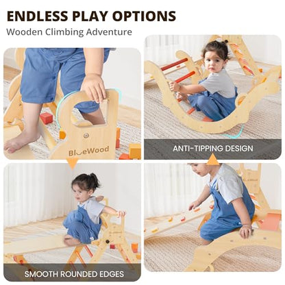 BlueWood Pikler Triangle Set, Toddler Climbing Toys Indoor 7in1 Foldable | Wooden Climber for Kids, Montessori Philosophy Play Jungle Gym with Arch, Ramp, Ladder (Farm Charm Autumn) - color: Farm Charm Autumn