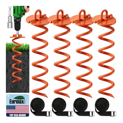 Eurmax USA 4-Pack Spiral Ground Stakes,Anti-Rust High Wind Trampoline Stakes Anchors,Heavy Duty Screw-In Anchor Kit with Tie Down Straps for Dog Tie-out,Trampoline,Tents,Tarps,Carports and more,Orange - color: Orange, style: U Head