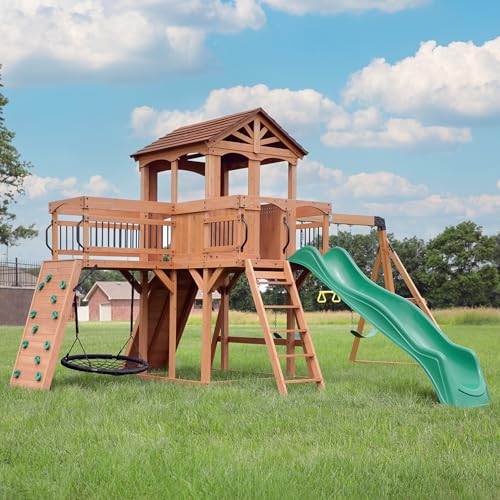 Backyard Discovery Sterling Point Cedar Wood Swing Set with Wave Slide, Raised Clubhouse, Wooden Bridge, Rock Wall, Belt Swings, Web Swing, Trapeze, Balcony, Climbing Wall, Ladder, Outdoor Playset - color: Green Slide, style: Cedar