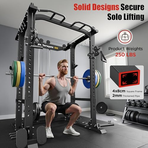 SPORTSROYALS Power Rack, Multi-Functional Power Cage, Squat Rack with Pulley System & LAT Pull Down, Workout Cage with J Hooks for Home Gym - color: Black, style: Power Cage Only