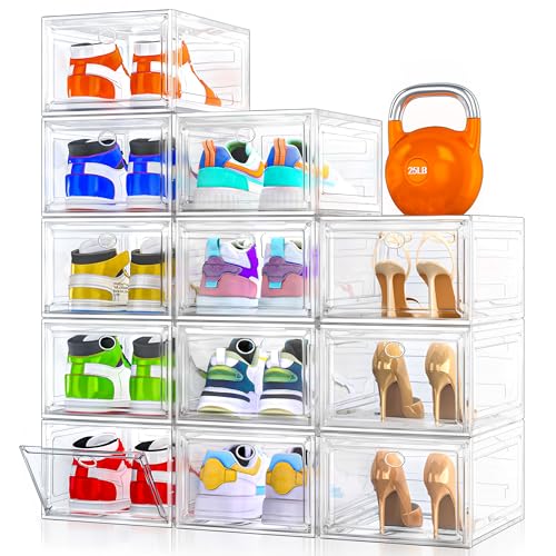 12 Pack Shoe Organizer, Stackable Shoe Storage Boxes with Magnetic Door | Clear Plastic Shoe Boxes for Sneakers, Boots & Heels, Foldable Space-Saving Shoe Rack for Closet, Durable Shoe Cabinet, White - color: White, size: 12 pcs
