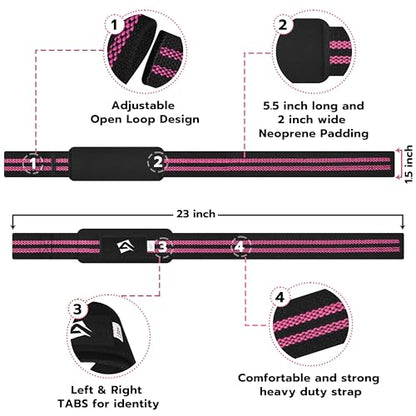 AQF Weight Lifting Straps, Padded Cotton Gym Wrist Straps for Deadlifts | 23" Extra-Long, Heavy-Duty Webbing, 5mm Neoprene Cushioning, Open-Loop Design, Sold as Pair, Ideal for Rows & Pull Workout - color: Black & Pink