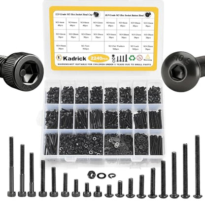 Kadrick M3 Screws Assortment Kit, 2240 Pcs - Hex Socket Button & Cap Head Metric M3 Bolts, 4-35mm Length with Nuts, Washers & Hex Key, 10.9/12.9 Grade Alloy Steel Screws for 3D Printer, DIY, RC Car - size: M3 2240Pcs 4-35mm