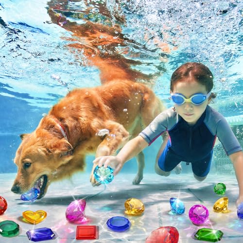 Diving Toys for Kids, Seek Treasure Underwater Pool Gem Hunt Pool Game | with 60PCS Sinking Gems, Pirate Treasure Chest, 35PCS Game Cards, Summer Swimming Pool Toys for Toddlers Kids Age 3-10