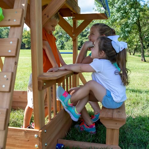 Backyard Discovery Beach Front Cedar Wood Swing Set with Wave Slide, Play Deck, Monkey Bars, Rock Wall Ladder, Shaded Picnic Area, Snack Bar, Belt Swings, Trapeze, Sandbox Area, Outdoor Playset - color: Multicolor