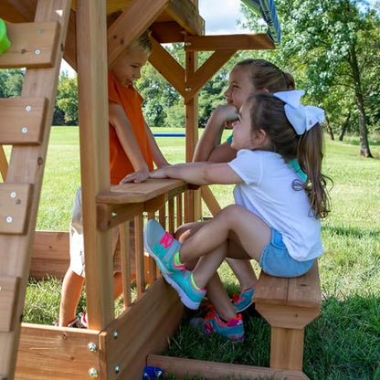 Backyard Discovery Beach Front Cedar Wood Swing Set with Wave Slide, Play Deck, Monkey Bars, Rock Wall Ladder, Shaded Picnic Area, Snack Bar, Belt Swings, Trapeze, Sandbox Area, Outdoor Playset - color: Multicolor