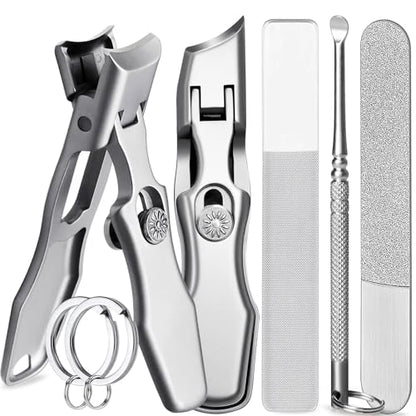 Curved & Slanted Nail Clipper Set, Wide Jaw with Folding Safety Lock, Heavy Duty Stainless Steel Toenail Clippers with File & Ear Pick, Anti-Splash for Thick Ingrown Nails for Seniors, Men - color: Curverd & Slanted Set
