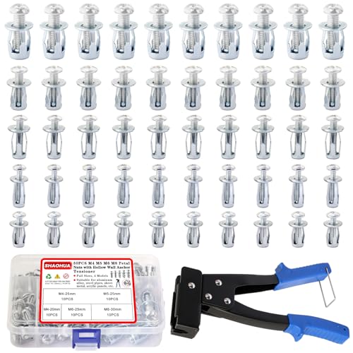 50 Sets Jack Nuts M4 M5 M6 M8 Petal Nuts Expansion Screws with Drywall Screw Gun Setter, Anchor Fasteners for Hollow Wall, Metal Sheet, Drywall, Aluminum Panel, Furniture, Automotive, Cars - size: A. M4 M5 M6 M8