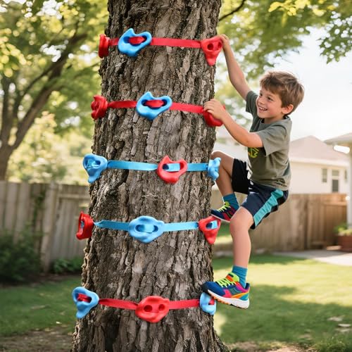 SEKKVY Tree Rock Climbing Kit for Kids - 15PCS Climbing Holds & 6 Ratchet Straps | No-Drill Tree Climbing Rocks | Outdoor Ninja Warrior Course | Birthday Gift for Boys Girls Ages 3+