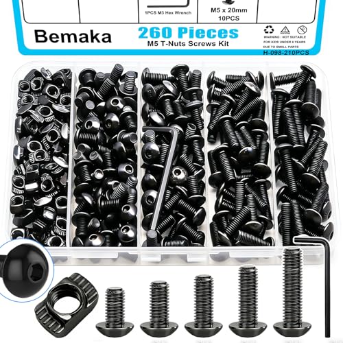 260Pcs M5 T Slot Nuts Screws Kit, Nuts and Bolts Assortment Kit, M5x8/10/12/16/20mm Hexagon Socket Screws for 2020 Series Aluminum Extrusion Profile, Mlok Screw Nut Replacement - color: Black-M5
