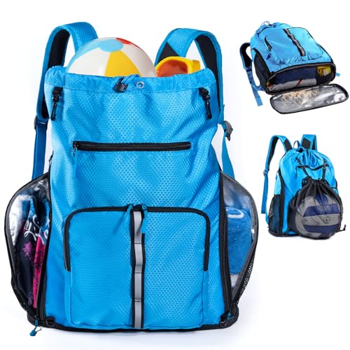 Large Beach Backpack Waterproof Sandproof - Customized Oversized Drawstring Pool Bag with Shoe Compartment for Toiletries, Towels, Gym, Travel - color: Blue, size: Large