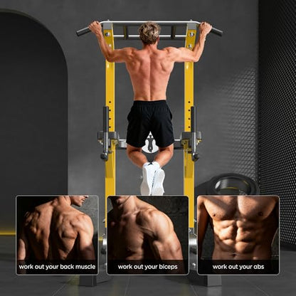 DlandHome Power Tower Pull Up Bar Station, 10 Level Adjustable Height | Heavy Duty Pull Up Dip Station for Home Gym Strength Training Equipment, Comfortable Backrest, 330LBS Weight Capacity - color: Yellow