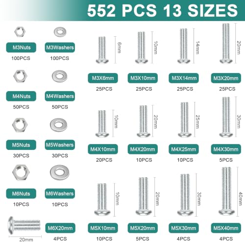 552 Pcs Metric Screws Nuts and Bolts Assortment Kit, M3 M4 M5 M6 Set Screws | 13 Sizes Machine Screws with Flat Washers for Machinery, Furniture, Automotive & DIY Repairs