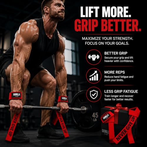 Pair of Deluxe Straps for Weights, Dumbbells, Gym and Crossfit with Non-Slip Grip and Durable Never Give Up Design - color: Red