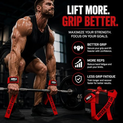 Pair of Deluxe Straps for Weights, Dumbbells, Gym and Crossfit with Non-Slip Grip and Durable Never Give Up Design - color: Red