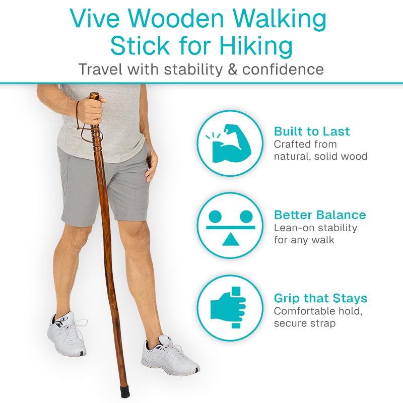 Vive Wooden Walking Stick for Hiking - Balance & Hiking Staff - Wood Walking Stick for Men, Women, Seniors - Strong, Non-Slip Wood Cane for Stability - Handcrafted, Waterproof, Leather Wrist Strap - style: 48 Inches
