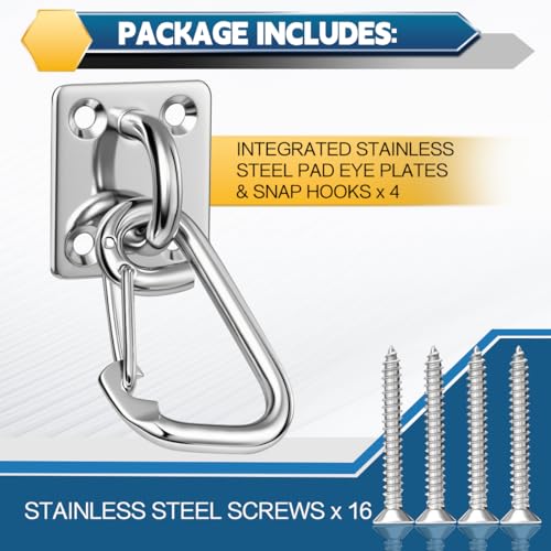4 PCS Square Stainless Steel Pad Eye Hooks - Ceiling Hook for Hanging, M6 Swing Hook and Screws for Garden Hanging Plants, Porch Swing Hanging Kit, Indoor & Outdoor DIY Use - style: M6 Square pad eye hooks 4PCS