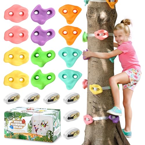 TOPNEW 12 Ninja Tree Climbing Holds for Kids Climber, Tree Climbing Kit with 6 Ratchet Straps for Outdoor Ninja Warrior Obstacle Course Training, Pastel Color - style: 12 Pcs Pastel Color 1