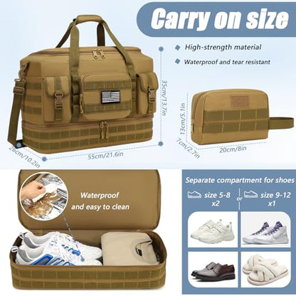 Tactical Duffle Bag - Gym Bag for Men with Shoe Compartment & Toiletry Bag | Carry on Luggage Mens Overnight Bag for Gym, Travel, Brown - color: Brown
